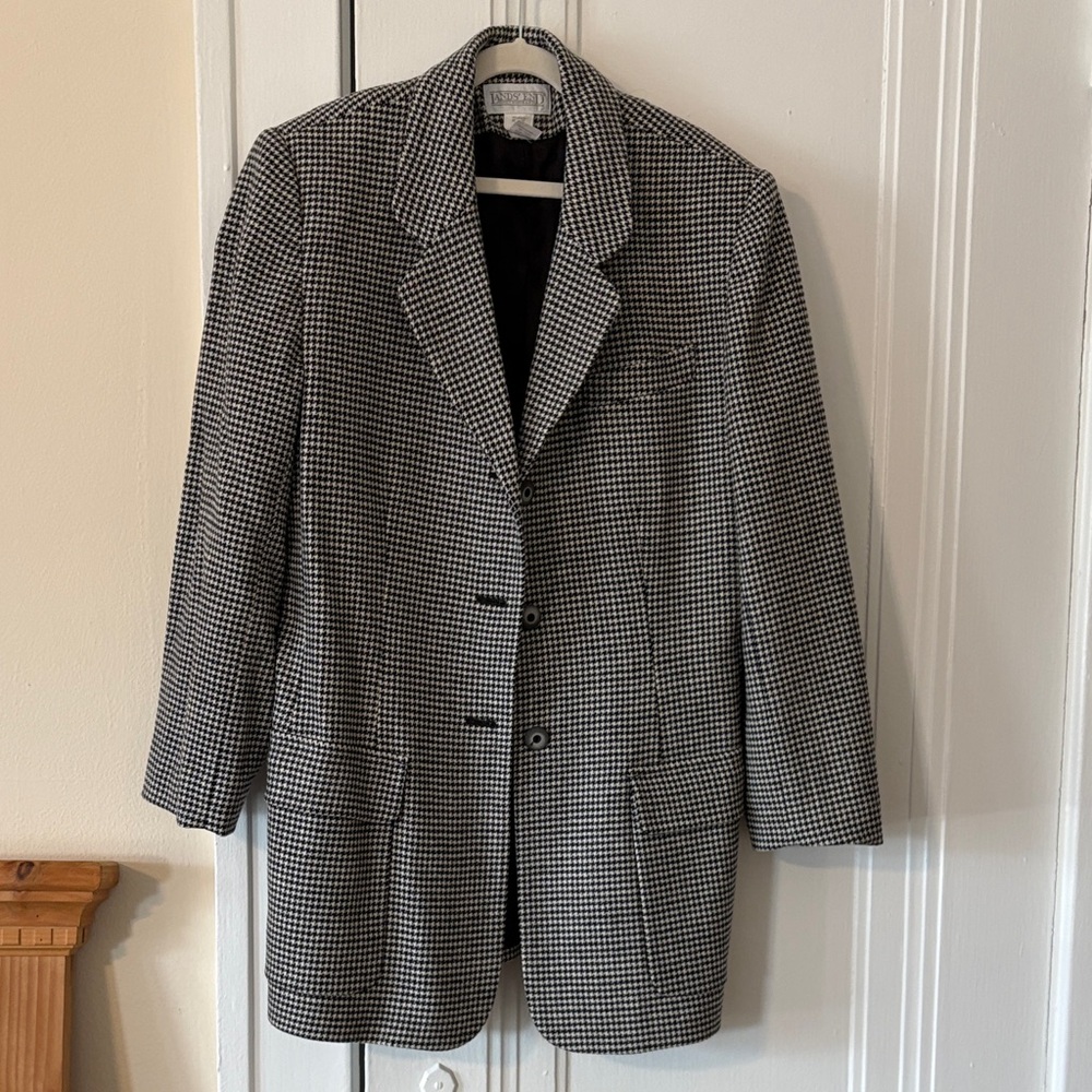Lands’ End Oversized Black & White Houndstooth Blazer Wool Cashmere Blend